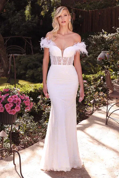 Off White Feathered Off The Shoulder Glimmering Bridal Gown