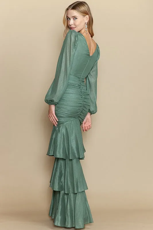 Olive Deep V Neck Long Sleeve Ruffle Layered Maxi Dress