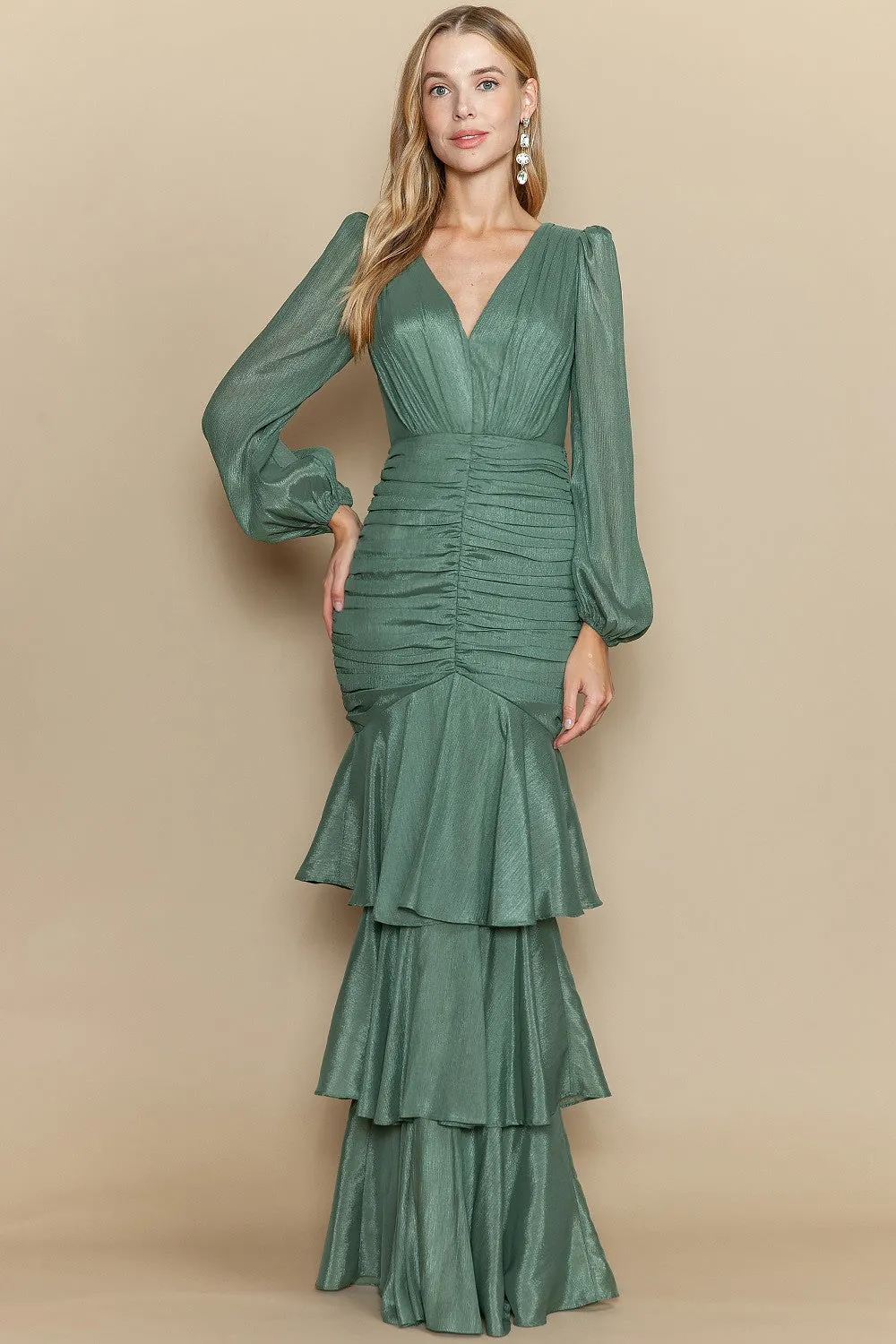 Olive Deep V Neck Long Sleeve Ruffle Layered Maxi Dress