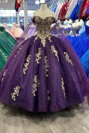 Purple Off Shoulder Cape Sleeve Ball Gown