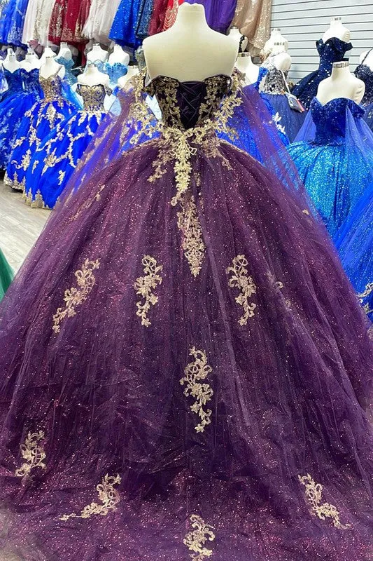 Purple Off Shoulder Cape Sleeve Ball Gown