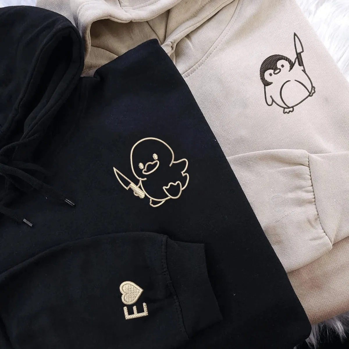 "Duck and Penguin with Knife" Matching Couple Hoodies - Custom Embroidered Sweatshirts For Couples