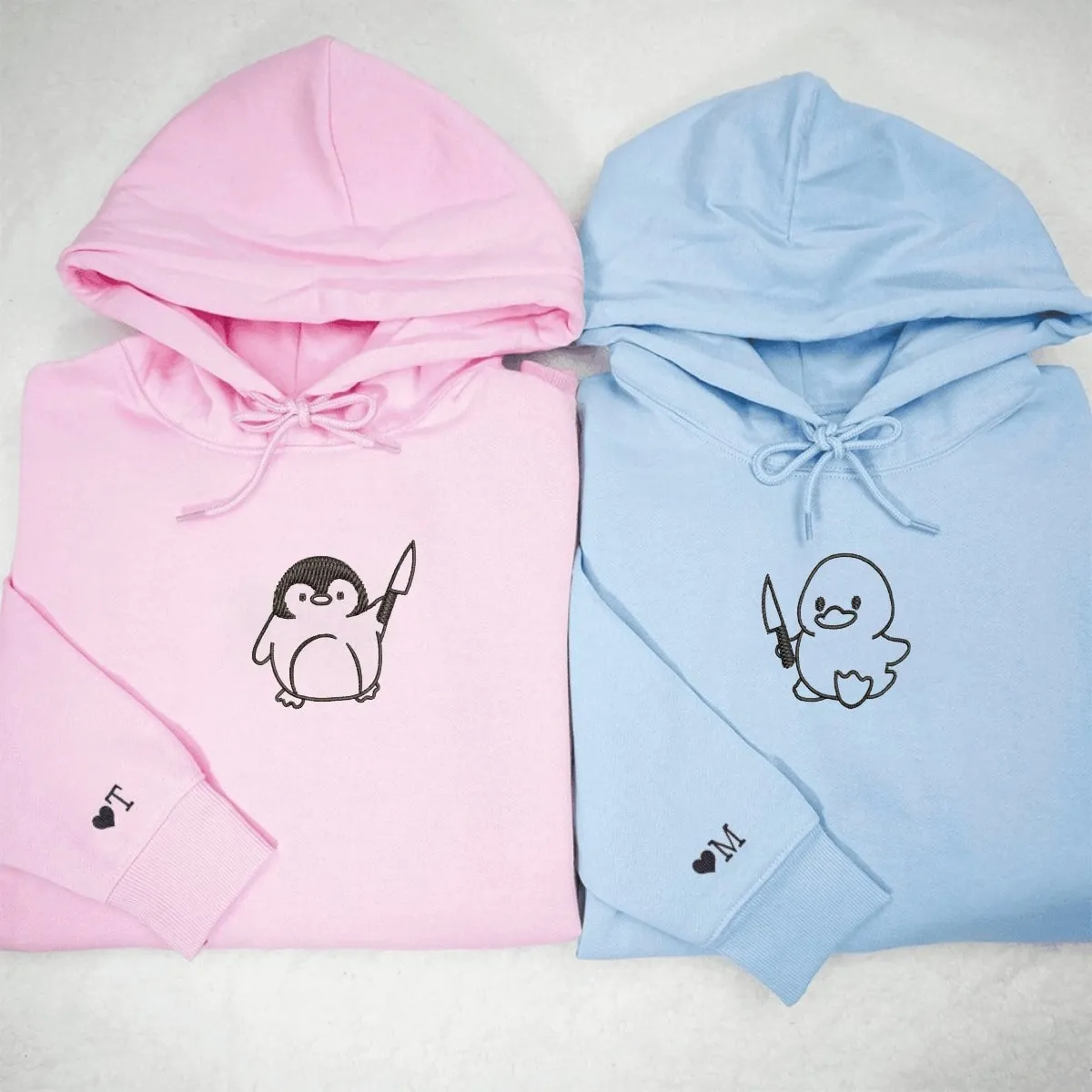 "Duck and Penguin with Knife" Matching Couple Hoodies - Custom Embroidered Sweatshirts For Couples