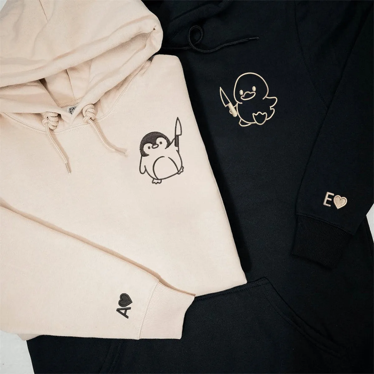 "Duck and Penguin with Knife" Matching Couple Hoodies - Custom Embroidered Sweatshirts For Couples