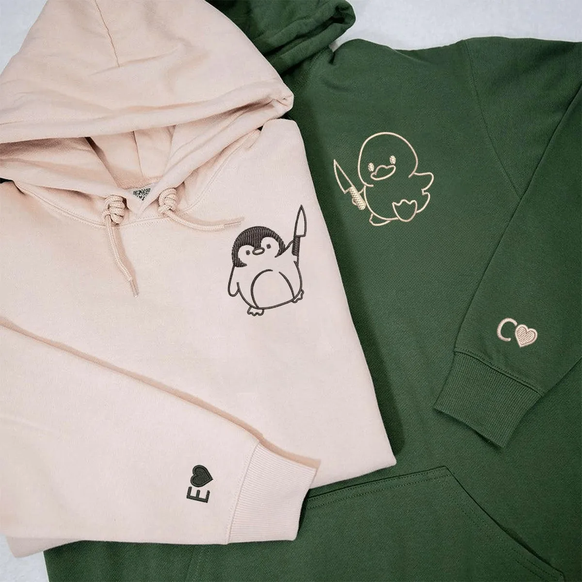 "Duck and Penguin with Knife" Matching Couple Hoodies - Custom Embroidered Sweatshirts For Couples