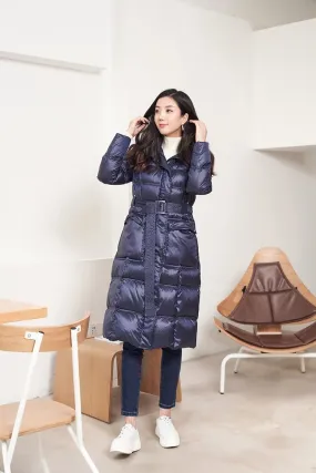 Sapphire Glossy Long Winter Down Jacket With Belt