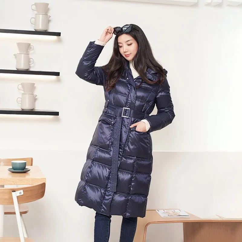 Sapphire Glossy Long Winter Down Jacket With Belt