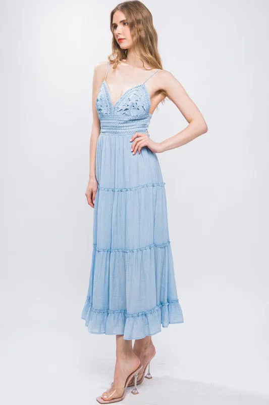 Sky Blue Crochet Layered Panels Long Dress