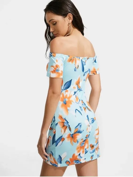 TastyHottie - Stunning Off The Shoulder Floral Print Ruched Dress