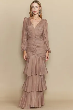 Taupe Deep V Neck Long Sleeve Ruffle Layered Maxi Dress