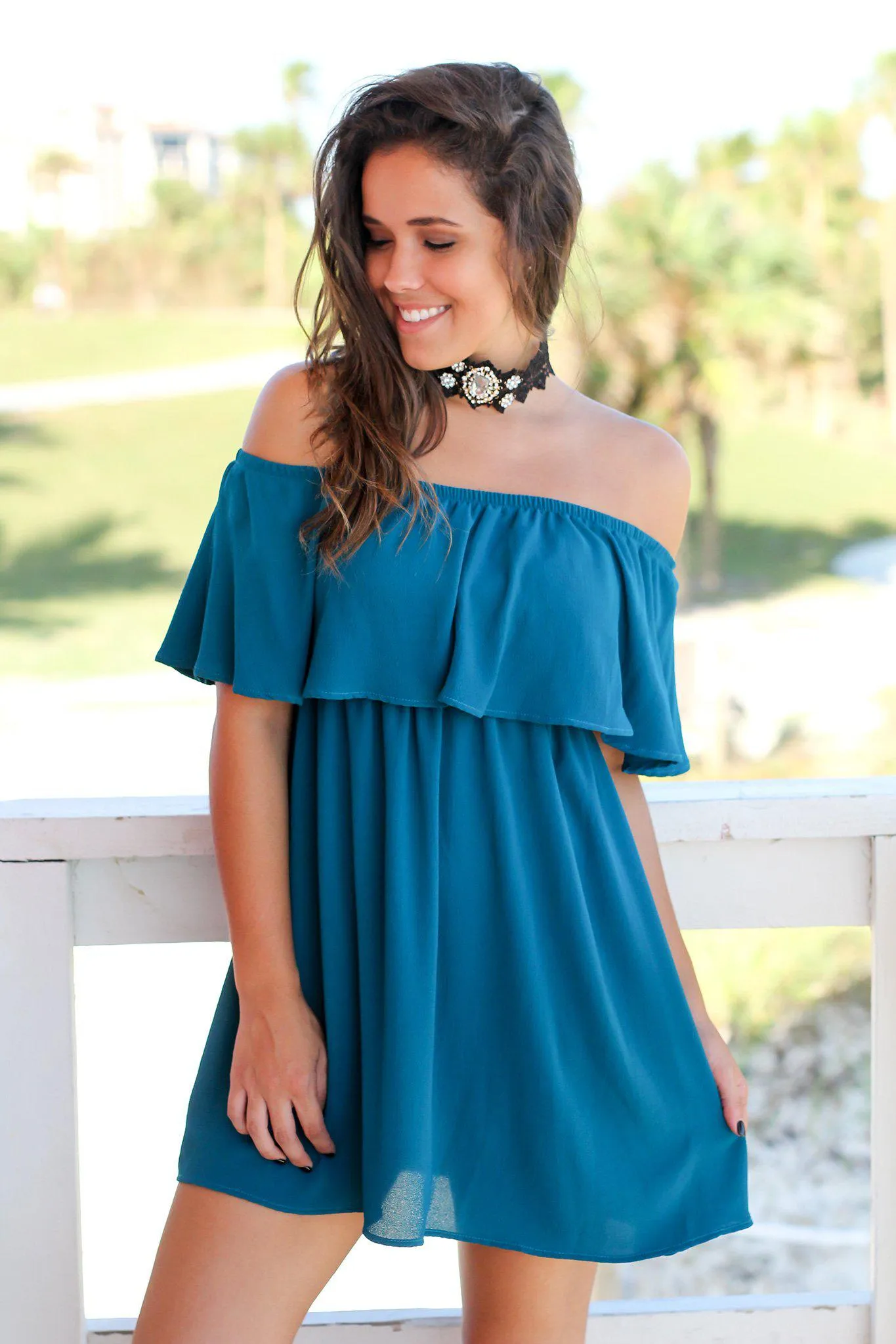 Teal Off Shoulder Short Dress