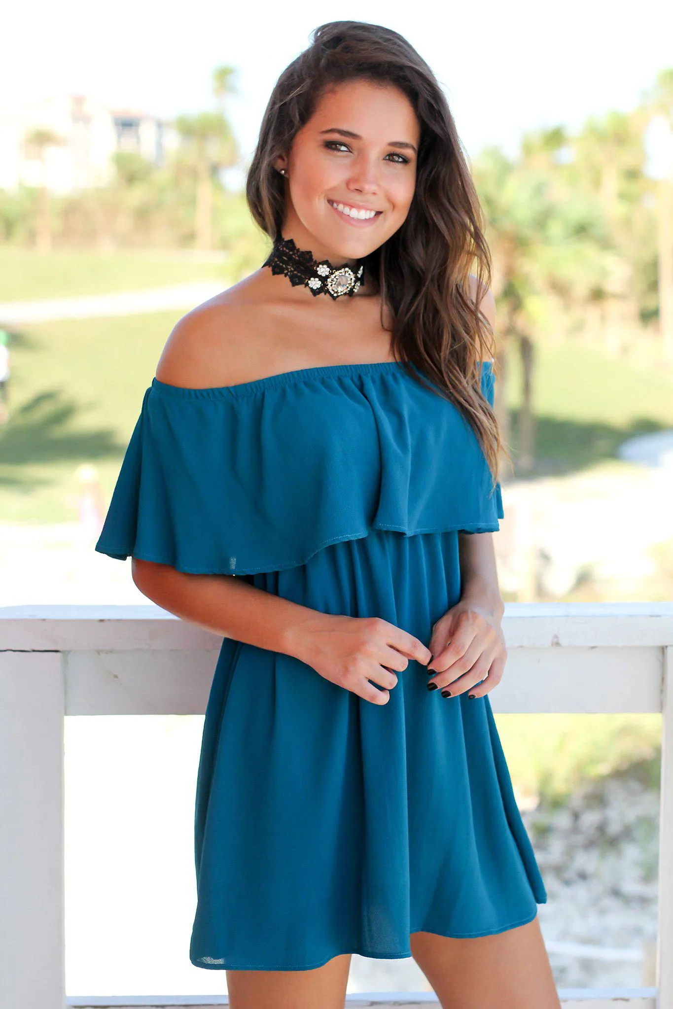 Teal Off Shoulder Short Dress