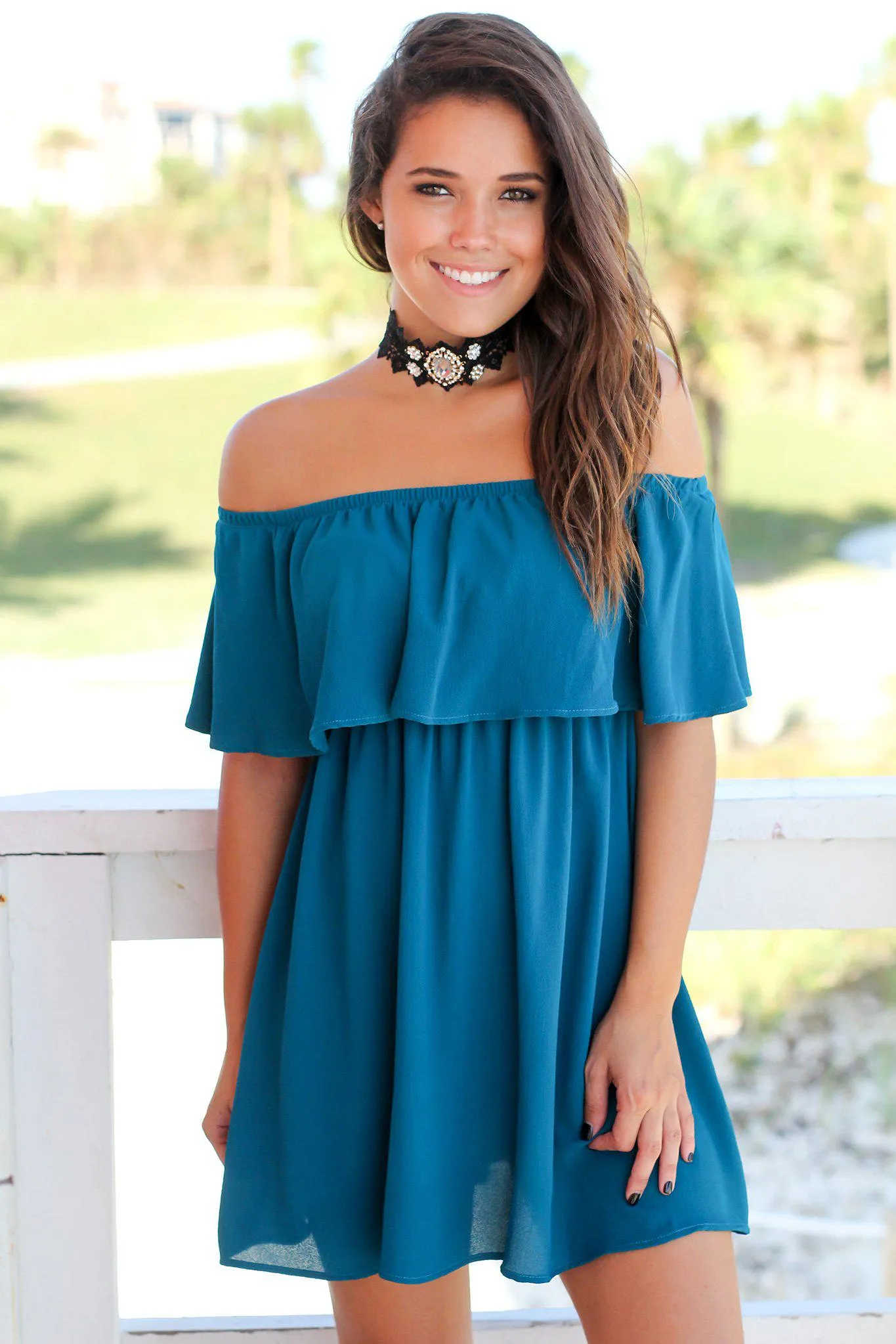 Teal Off Shoulder Short Dress