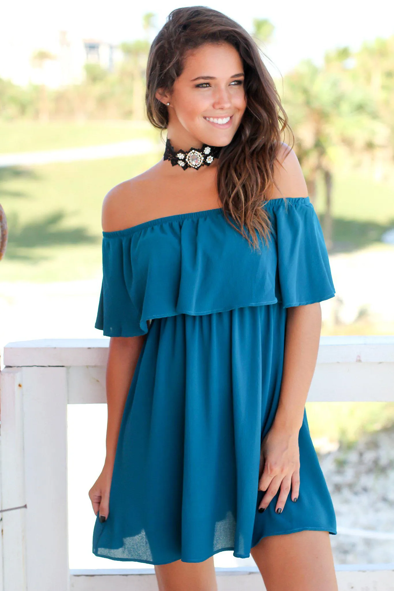 Teal Off Shoulder Short Dress