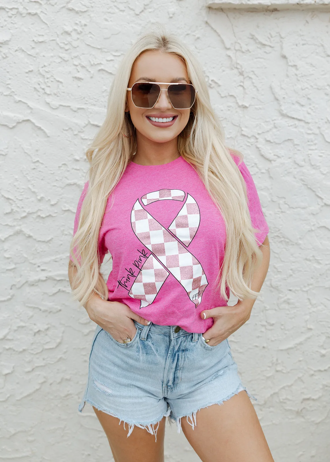 Think Pink Glitter Checkered Ribbon Vintage Heliconia Tee