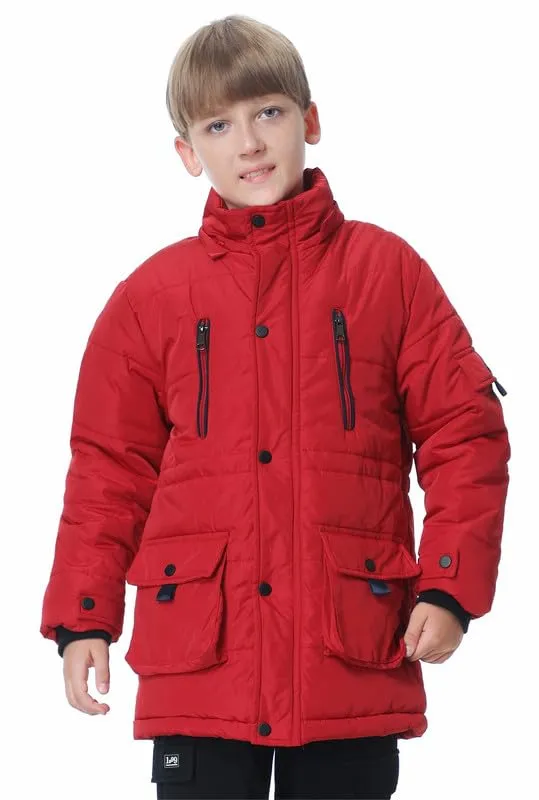 TRATENBY Boy's Warm Winter Coat Waterproof Puffer Parka Jacket with Removable Hood-Red-12-13