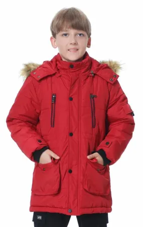 TRATENBY Boy's Warm Winter Coat Waterproof Puffer Parka Jacket with Removable Hood-Red-12-13