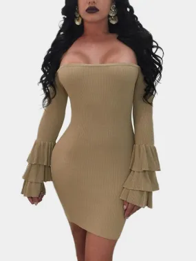 Wholesale Apricot Off The Shoulder Long Sleeve Bodycon Dresses