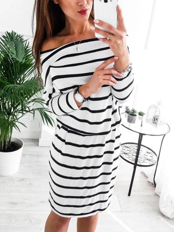 Wholesale Black Asymmetrical Off The Shoulder Long Sleeve Stripe Side Pockets Dresses