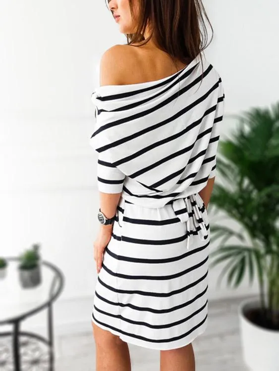 Wholesale Black Asymmetrical Off The Shoulder Long Sleeve Stripe Side Pockets Dresses