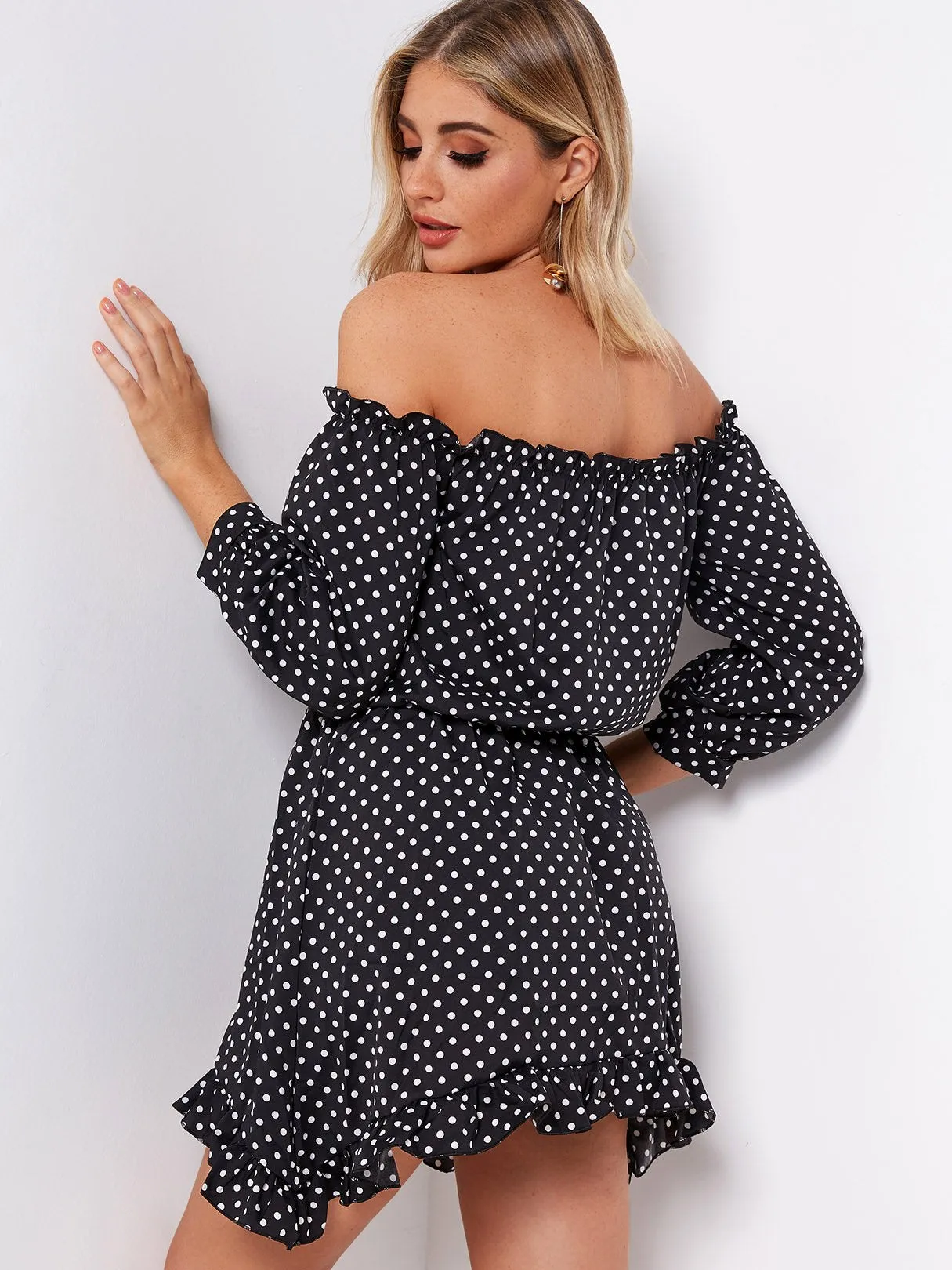 Wholesale Black Off The Shoulder 3/4 Sleeve Length Polka Dot Dresses