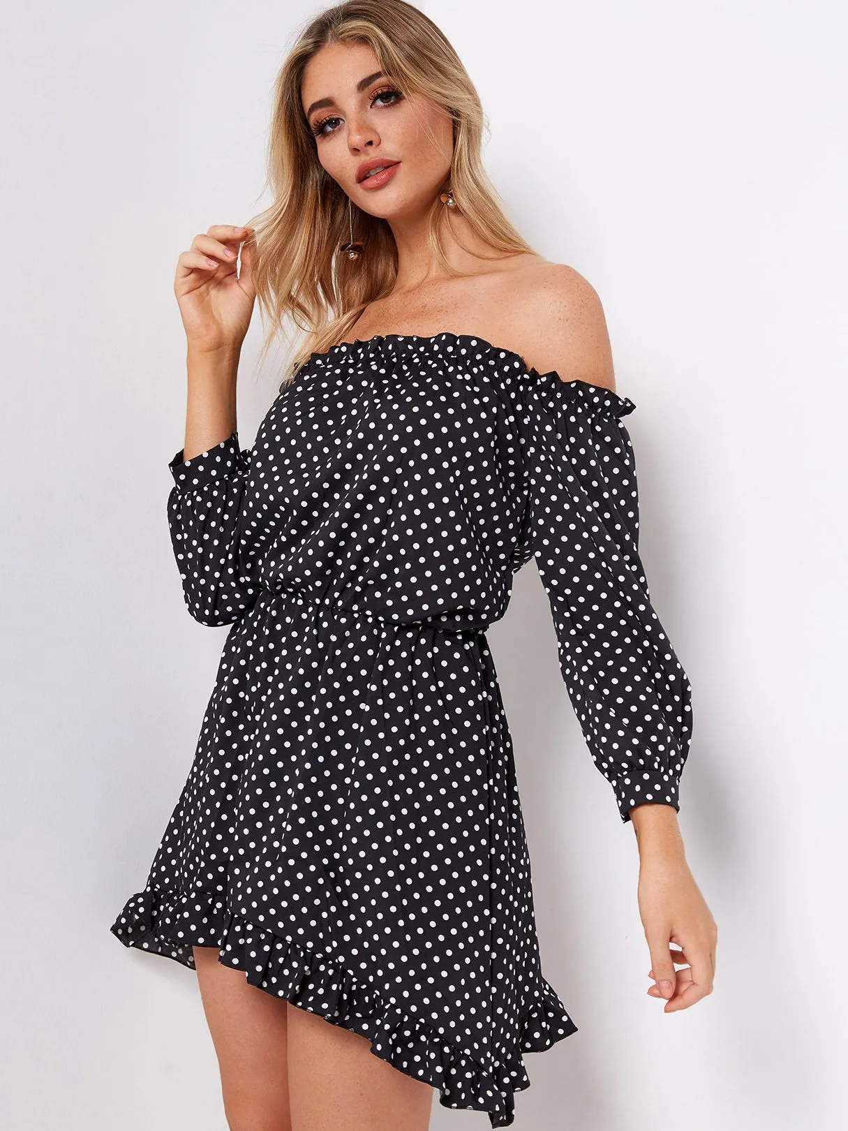 Wholesale Black Off The Shoulder 3/4 Sleeve Length Polka Dot Dresses