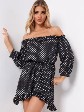 Wholesale Black Off The Shoulder 3/4 Sleeve Length Polka Dot Dresses