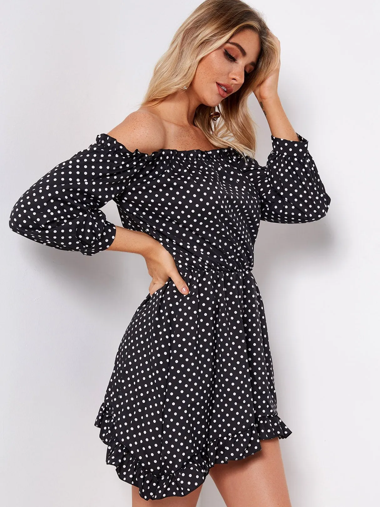 Wholesale Black Off The Shoulder 3/4 Sleeve Length Polka Dot Dresses