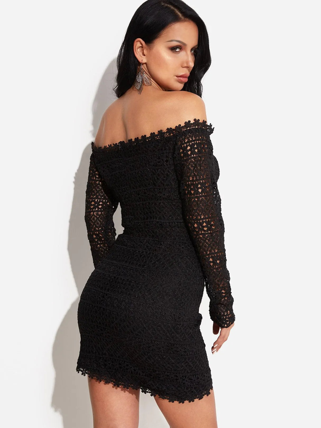 Wholesale Black Off The Shoulder Long Sleeve Lace Wrap Irregular Hem Dresses