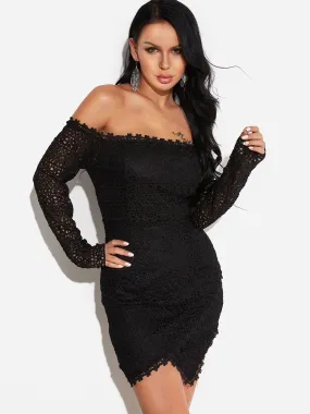 Wholesale Black Off The Shoulder Long Sleeve Lace Wrap Irregular Hem Dresses