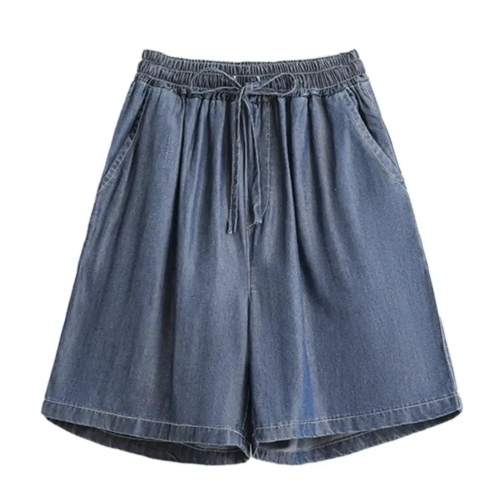 Women Shorts Drawstring Wide Leg Shorts High Waist Elastic Waistband Pockets Solid Knee-Length Trousers Loose Fit Short Pants