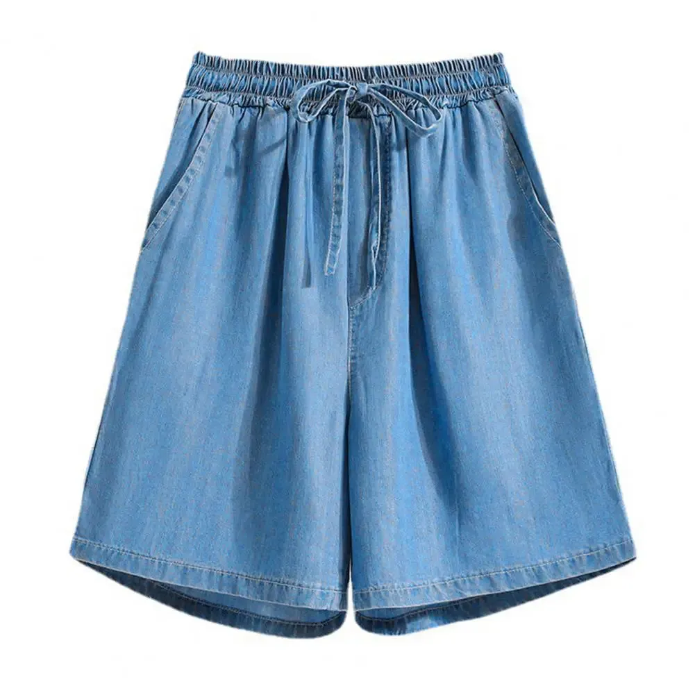 Women Shorts Drawstring Wide Leg Shorts High Waist Elastic Waistband Pockets Solid Knee-Length Trousers Loose Fit Short Pants