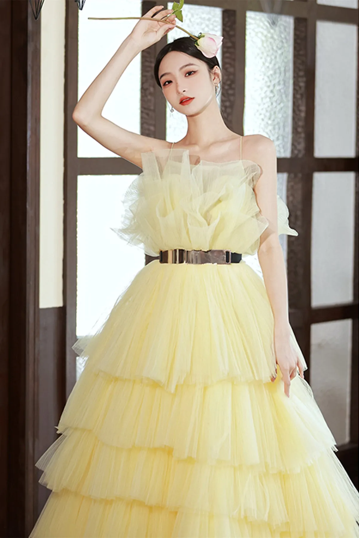 Yellow Layered Tulle Long Prom Dresses with Belt, Yellow Formal Evening Dresses, Ball Gown WT1079