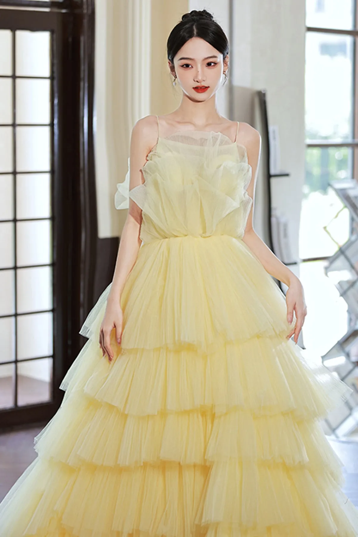 Yellow Layered Tulle Long Prom Dresses with Belt, Yellow Formal Evening Dresses, Ball Gown WT1079